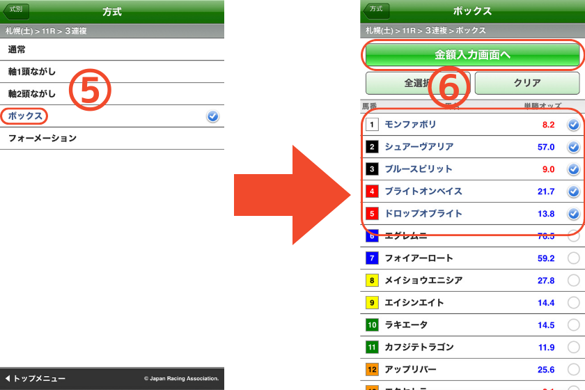 スマートフォンで三連複【ボックス】の馬券を購入する方法を解説する画像③