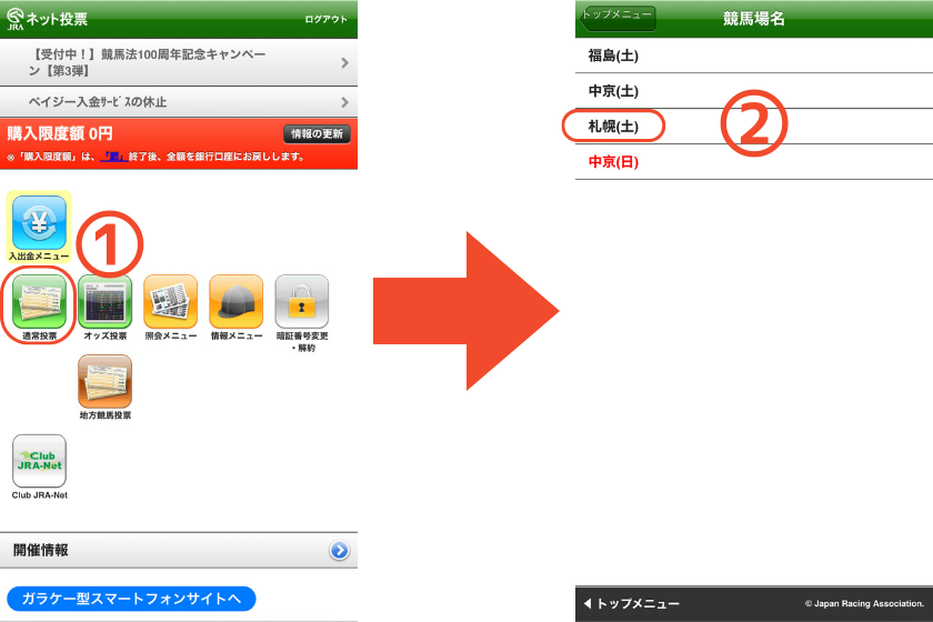 スマートフォンで三連複【フォーメーション】の馬券を購入する方法を解説する画像①