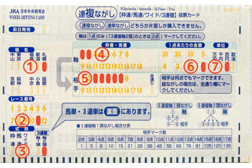 投票用紙で三連複【2頭軸ながし】の馬券を購入する方法を解説する画像①