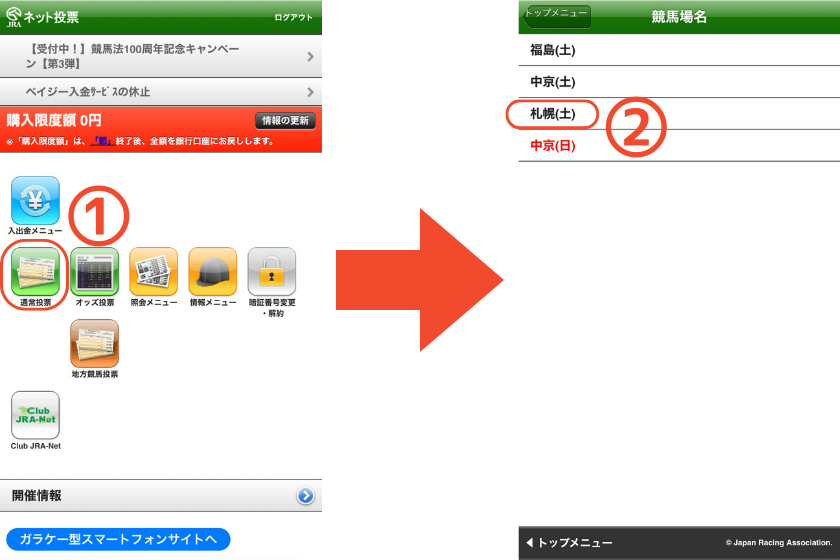 スマートフォンで三連複【1頭軸ながし】の馬券を購入する方法を解説する画像①