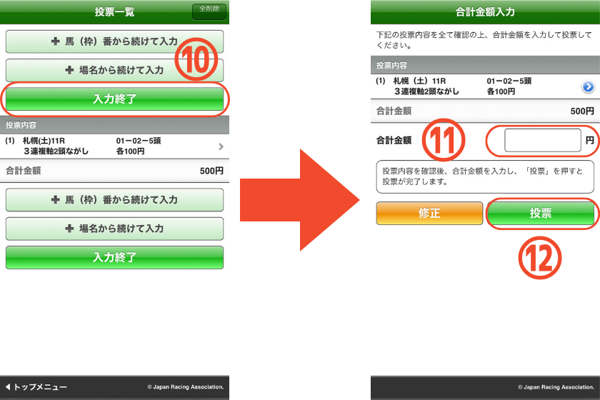 スマートフォンで三連複【2頭軸ながし】の馬券を購入する方法を解説する画像⑤