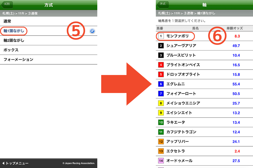 スマートフォンで三連複【1頭軸ながし】の馬券を購入する方法を解説する画像③