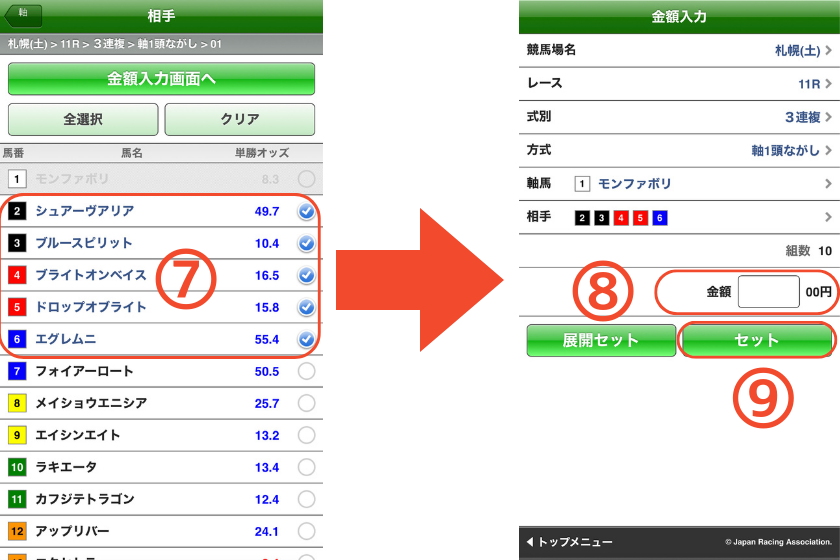 スマートフォンで三連複【1頭軸ながし】の馬券を購入する方法を解説する画像④