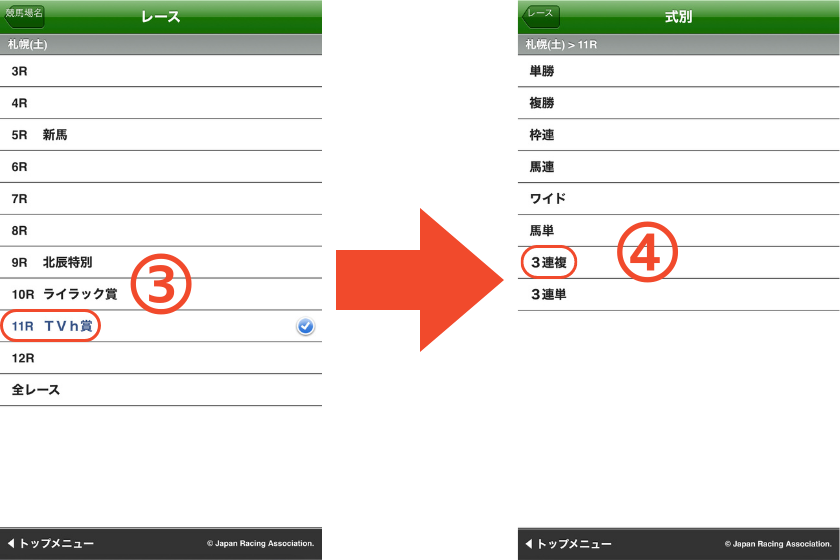 スマートフォンで三連複【2頭軸ながし】の馬券を購入する方法を解説する画像②