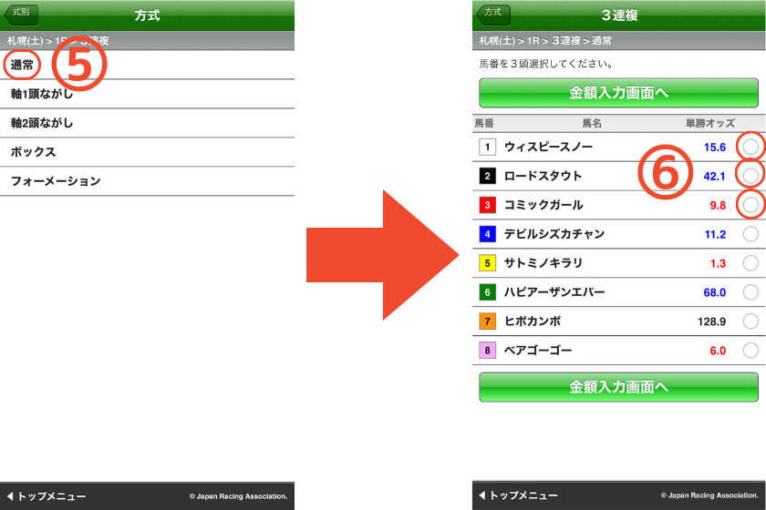 スマートフォンで三連複【基本】の馬券を購入する方法を解説する画像③