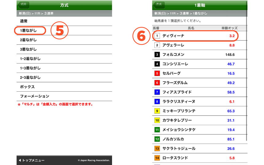 スマートフォンで三連単の馬券を買う方法を解説した画像【ながし③】