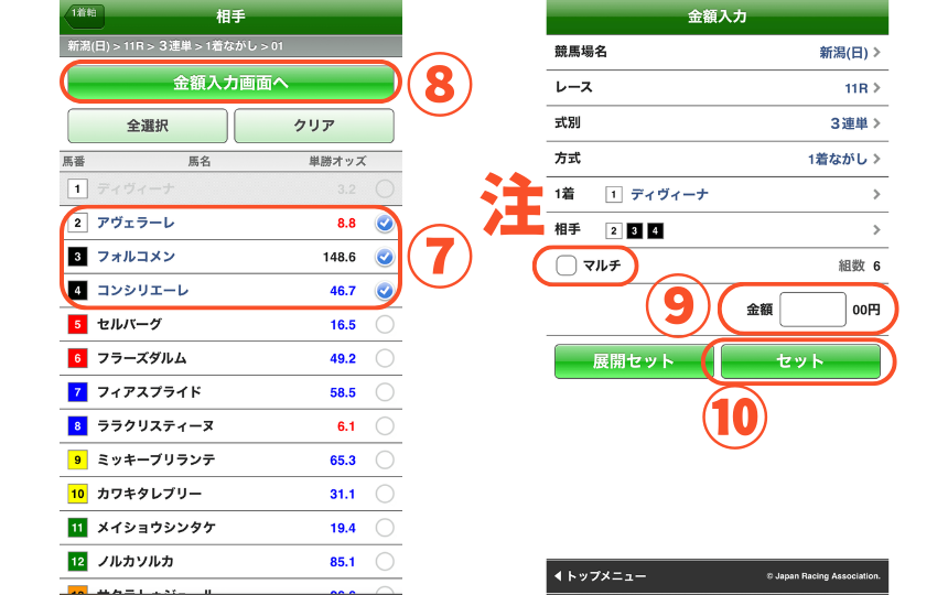 スマートフォンで三連単の馬券を買う方法を解説した画像【ながし④】