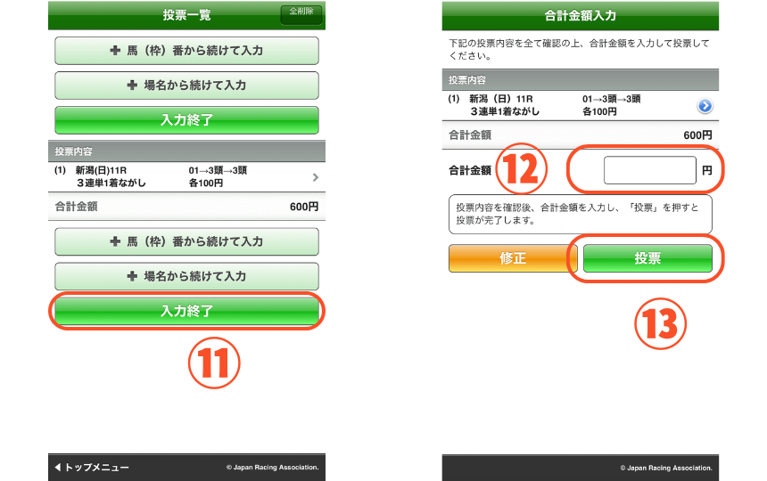 スマートフォンで三連単の馬券を買う方法を解説した画像【ながし⑤】